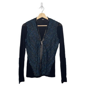 ELLIE Tahari Top Blue Black Twill Wool Blend Zippered Elbow Patch Womens X Small
